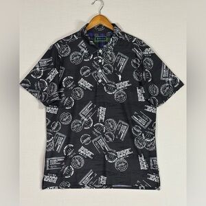 William Murray Whiskey Print Polo Shirt L Black Performance Golf Button Up